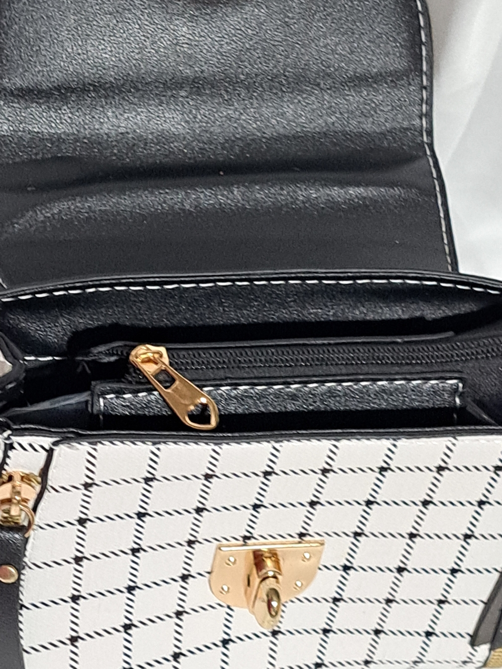 Plaid Black and White Top-Handle Satchel with Charm - Picture 15 of 16